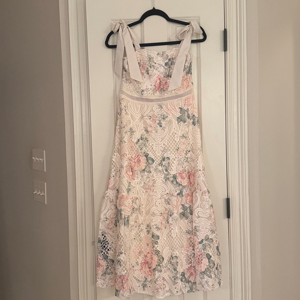 Floral Lace Midi Dress in Cream and Pink - Picture 3 of 7